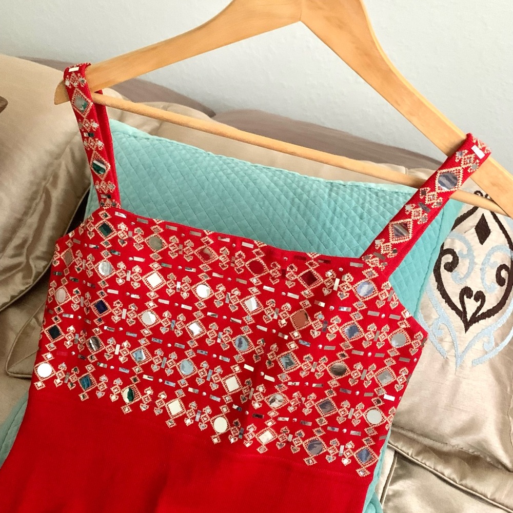 St.John Red Knit Maxi Dress with Gold Mirror Accents - Picture 5 of 8